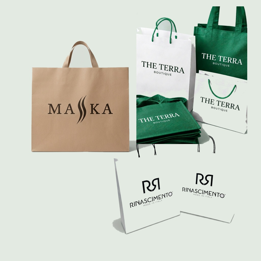 Custom luxury paper shopping bags for MASKA and Rinascimento alongside Terra branded bags