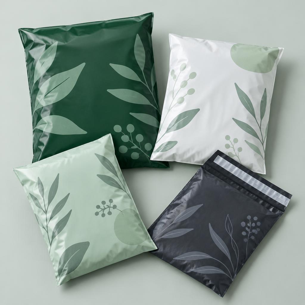Four custom printed poly mailer bags in green, white, mint and charcoal