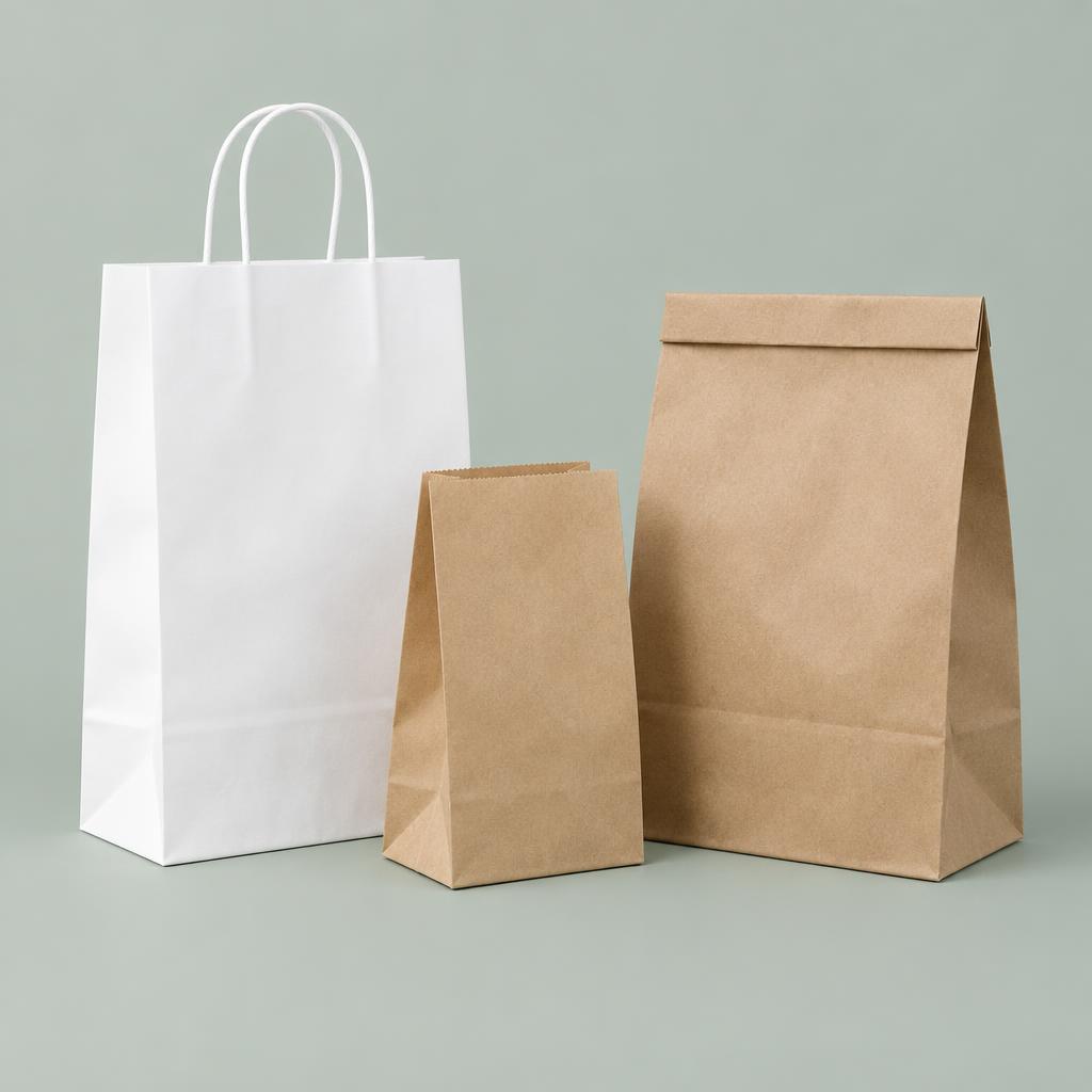 Custom white and kraft paper takeout bags for restaurants and bakeries