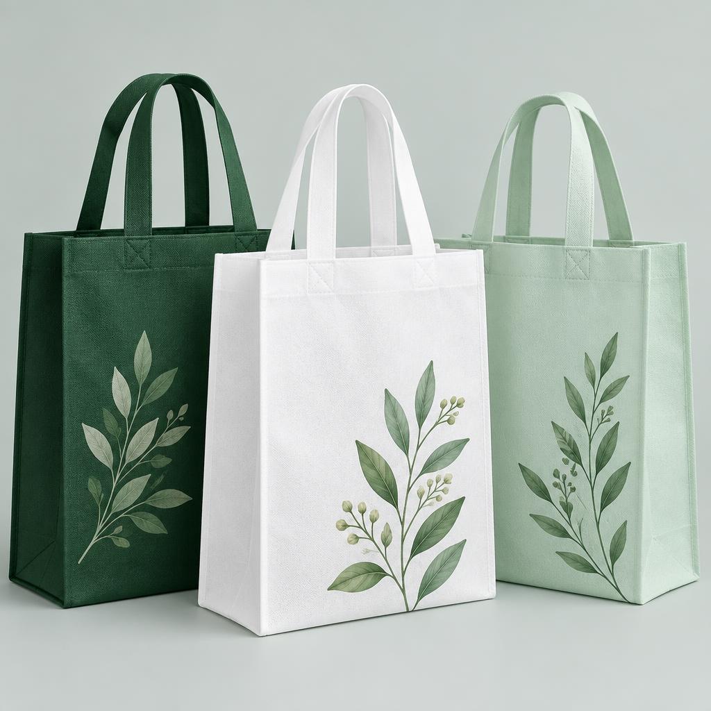 Custom reusable non-woven tote bags in green, white and mint