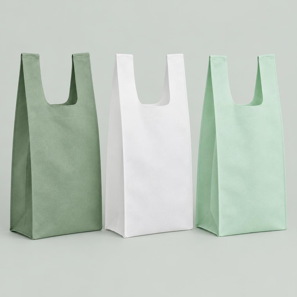 Custom non-woven t-shirt carry bags in green, white and mint